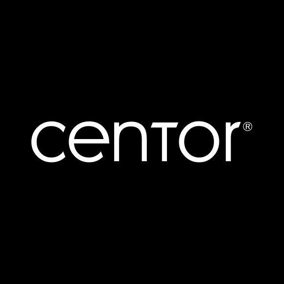 The logo for centor is white on a black background.