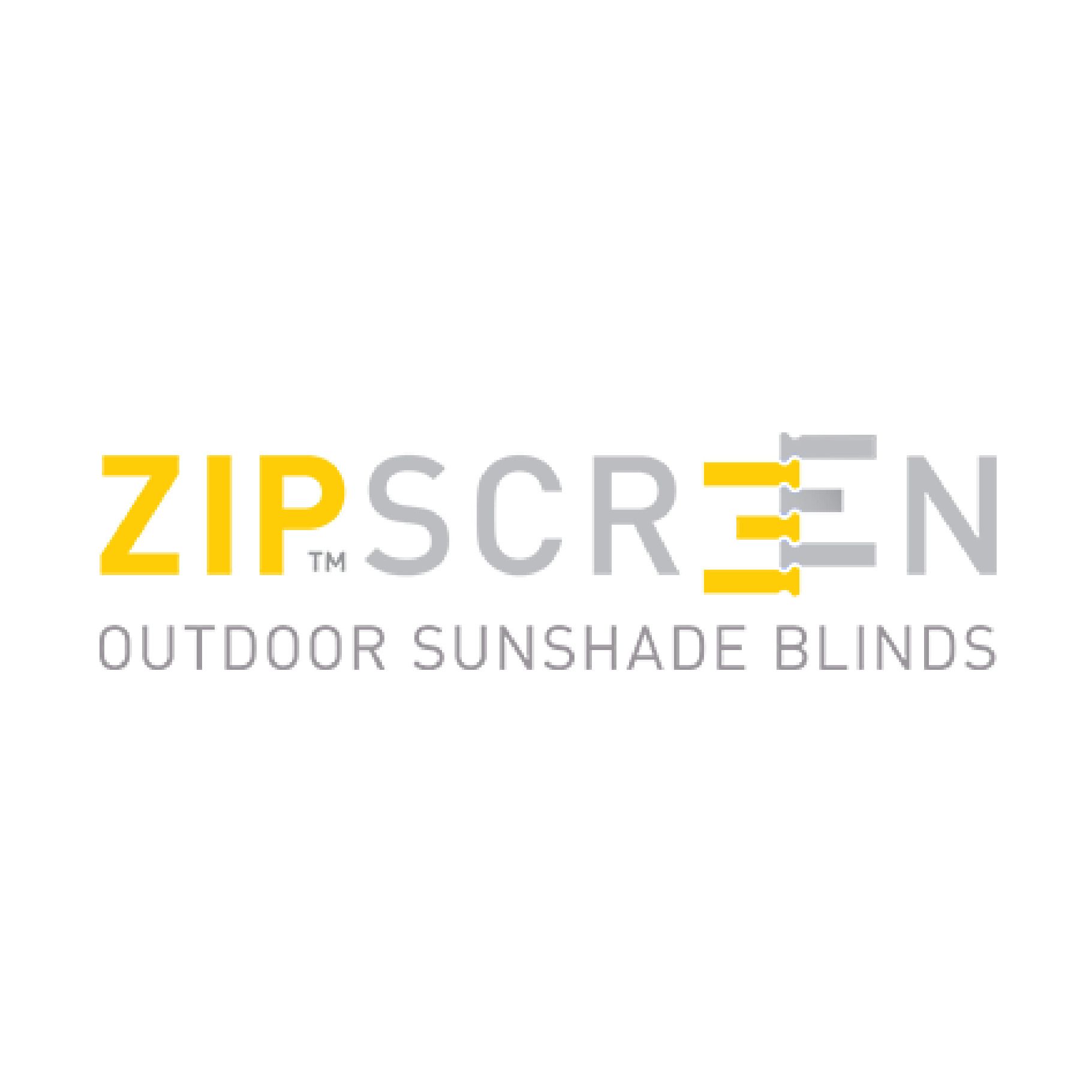 The logo for zipscreen outdoor sunshade blinds is yellow and gray.
