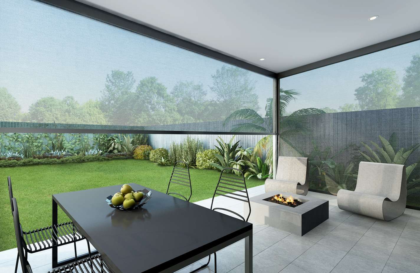 A patio with a table and chairs and a fire pit.