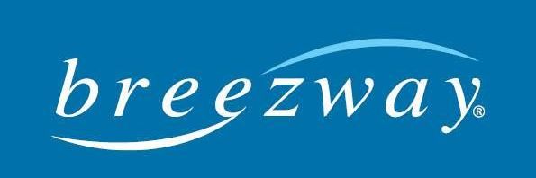 A blue and white logo for breezway on a blue background.