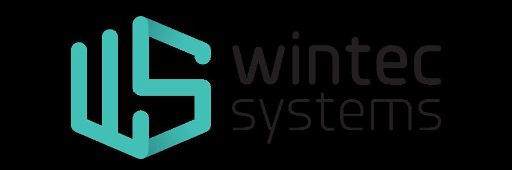 The logo for wintec systems is blue and black on a black background.