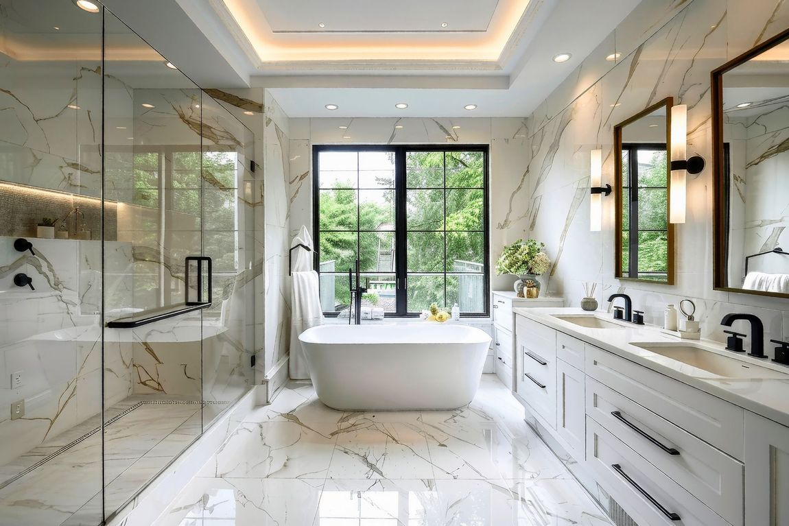 Luxurious bathroom with marble, white tub, black-framed window, and double vanity.