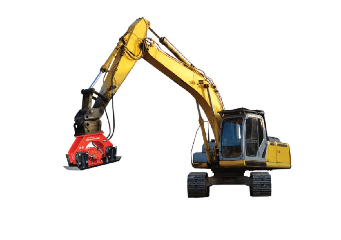 Image of Pneuvibe CP-100 compactor mounted on an excavator