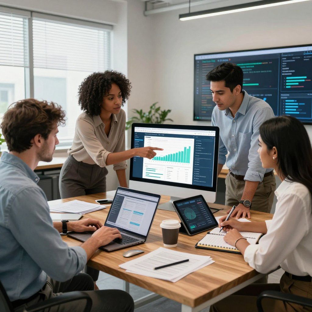 Business team reviewing data on a computer screen. Woman points at a graph, colleagues gather around a table.