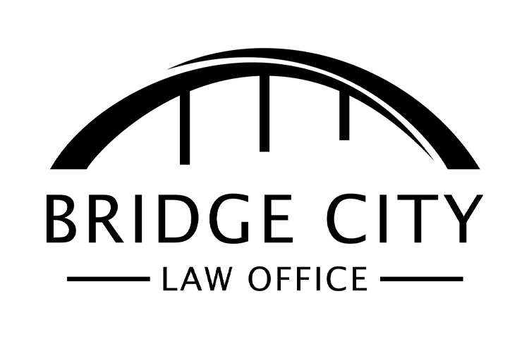 The bridge city law office logo is a black and white image of a bridge.