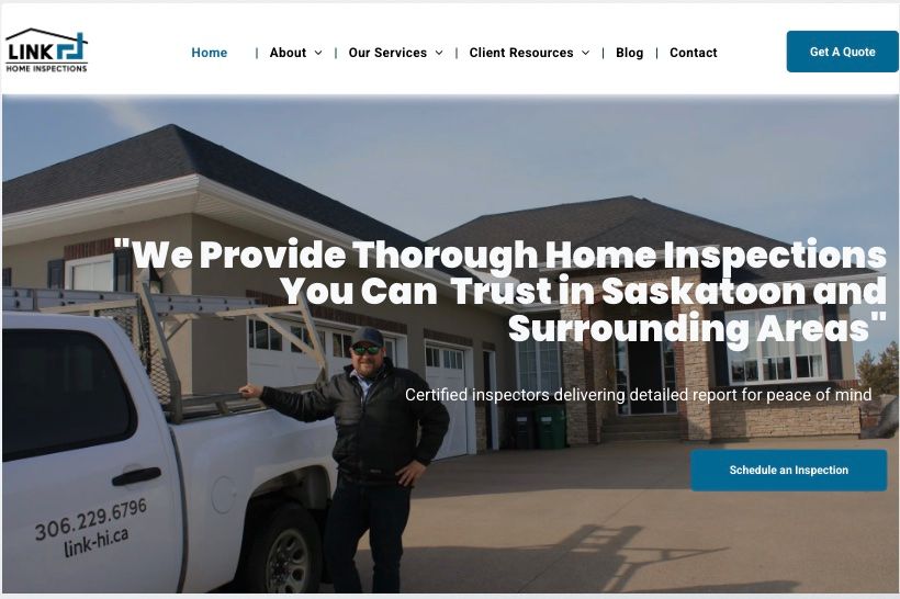 Website homepage for Link Home Inspections. A man stands by a truck in front of a house, text stating,