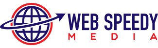 A logo for web speedy media with a globe and arrow
