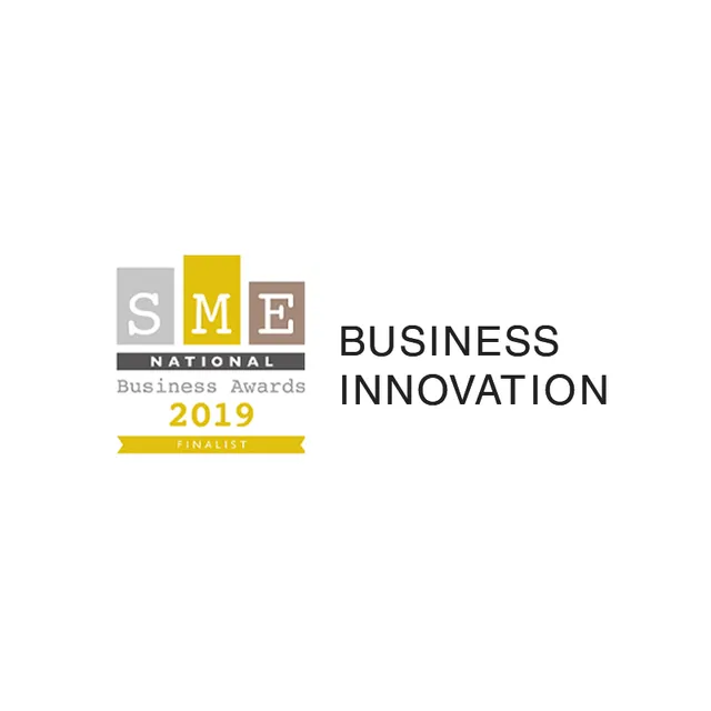 Logo for the SME National Business Awards 2019, finalist in Business Innovation. Features a stylized “SME” graphic and text.