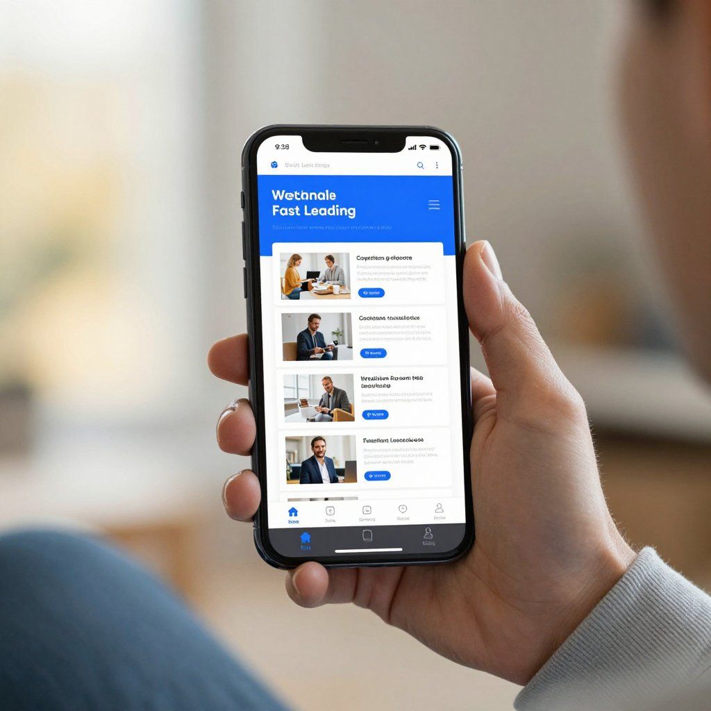 Person holding a smartphone displaying a peer lending app. The app has a blue header and white content cards.