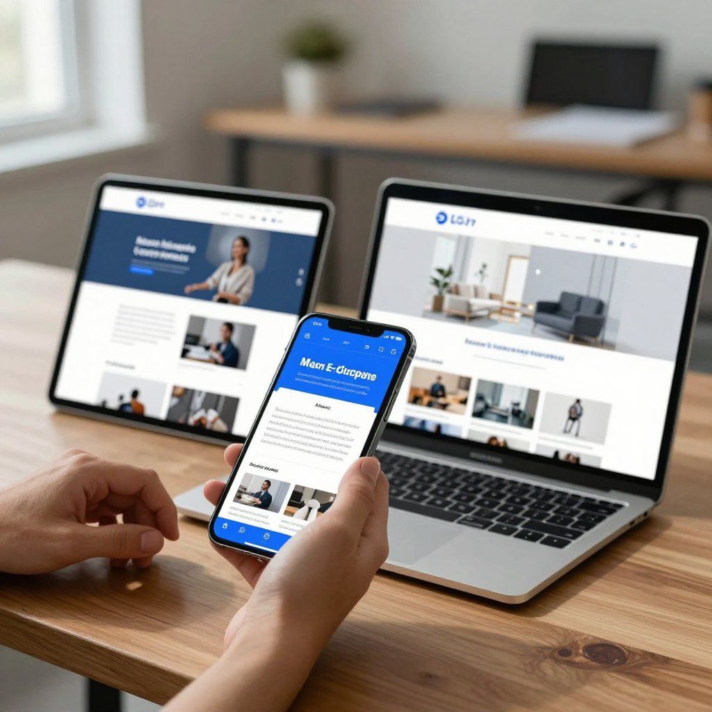 Person holding a phone, viewing website displayed on tablet and laptop; all on a wooden desk.