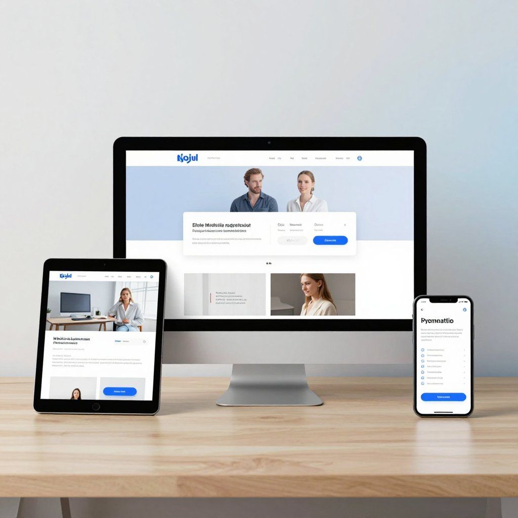 Website displayed on computer, tablet, and phone; blue and white design; person using devices.