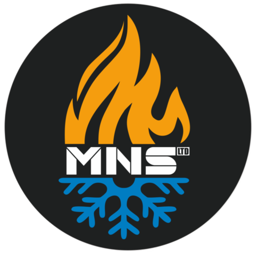 Logo for MNS Ltd, featuring orange flames and a blue snowflake over the letters "MNS" in white, set within a black circle.