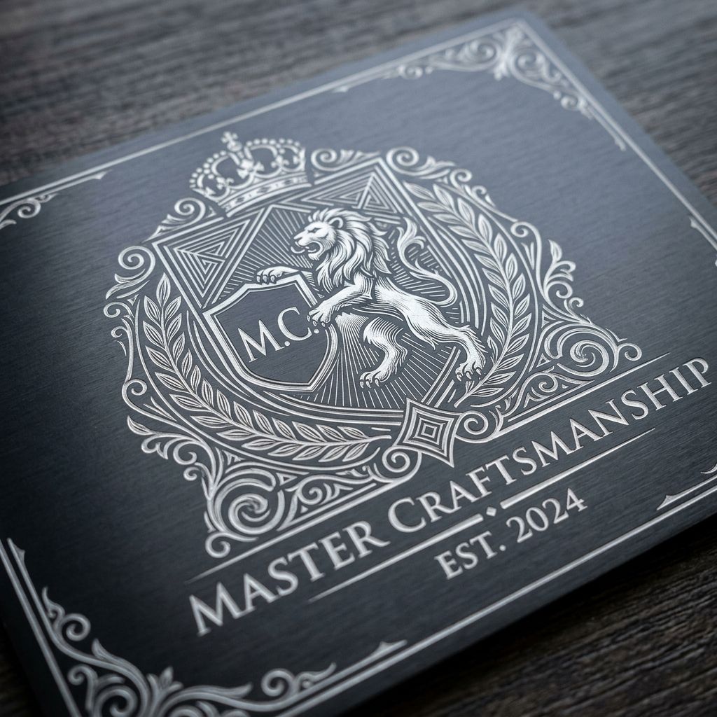 black card with a silver, ornate crest featuring a lion holding a shield with