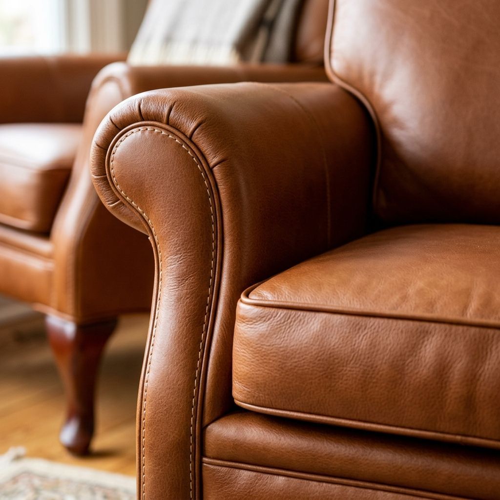 Close-up of a tan leather armchair featuring a rolled arm with decorative stitching and a dark wooden leg.