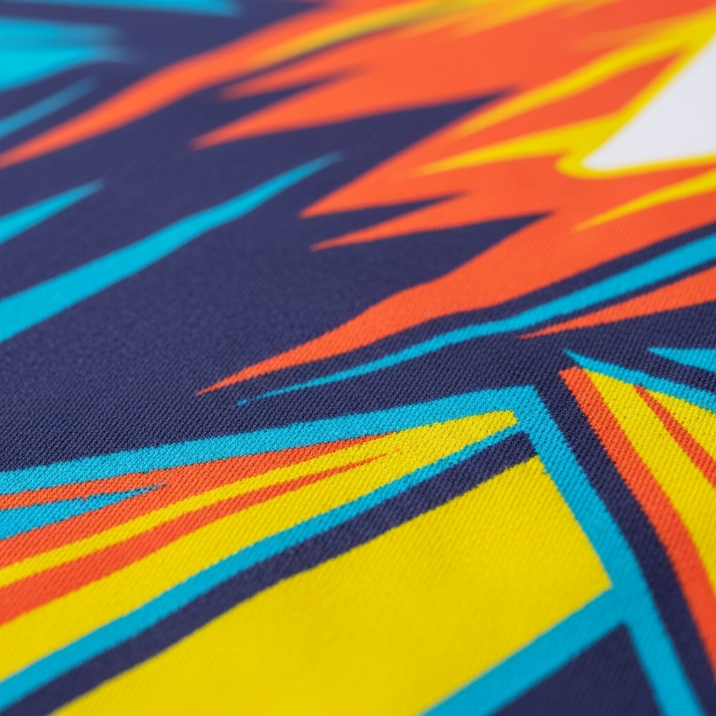 A close-up of a fabric pattern featuring sharp, geometric shapes in bright orange, yellow, and turquoise on navy blue.