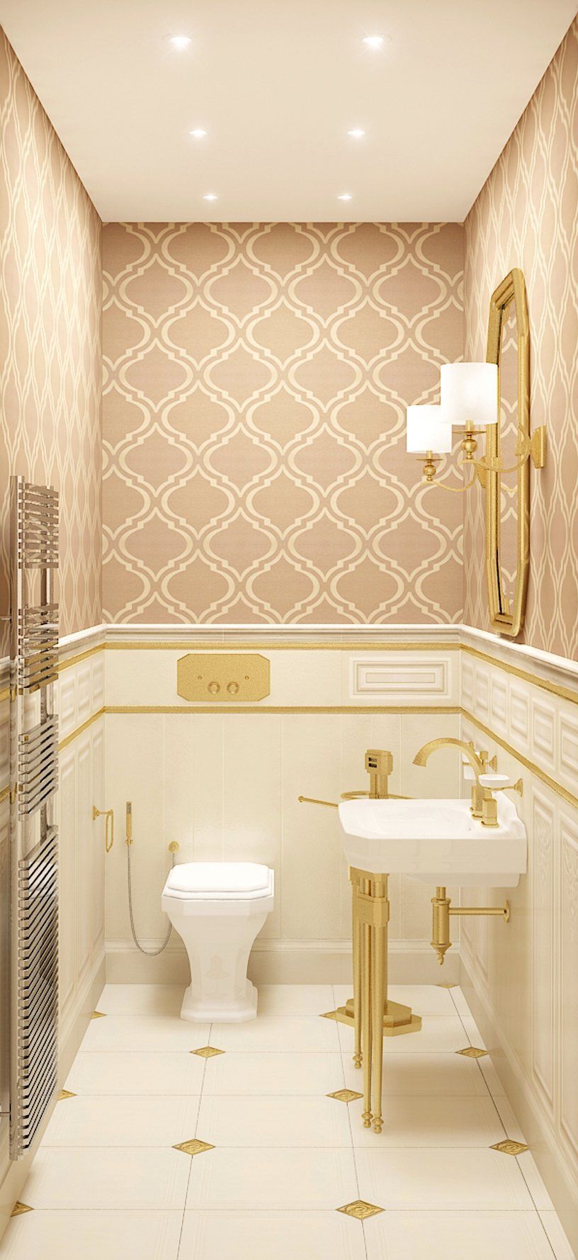 Un bagno con wc, lavabo e specchio.