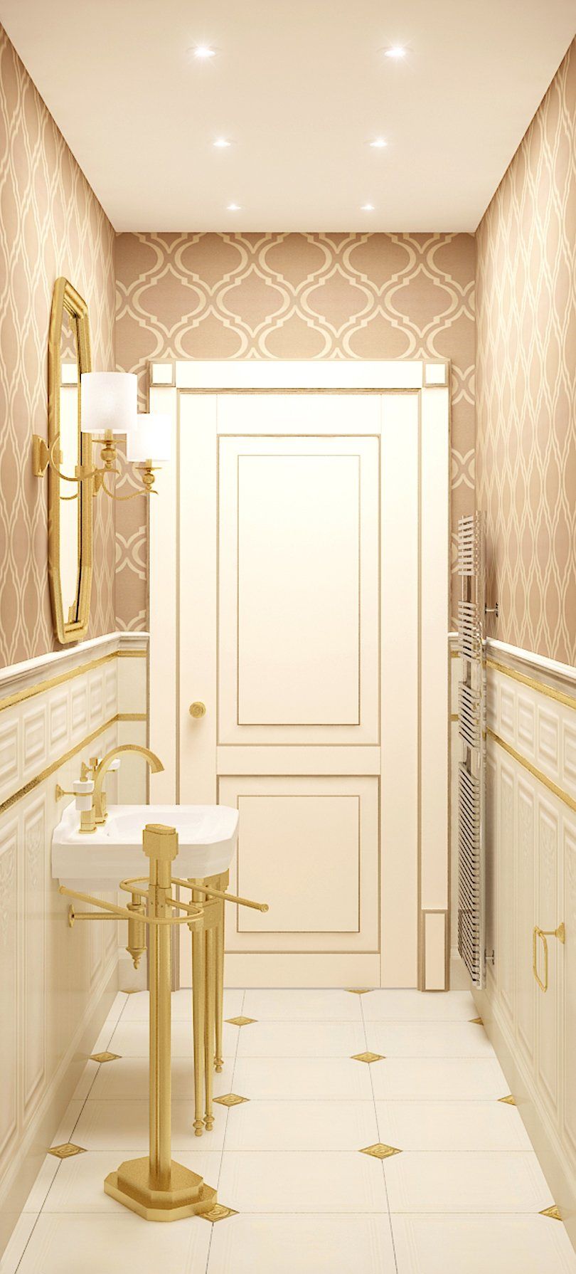 Un bagno con lavandino, specchio e porta.