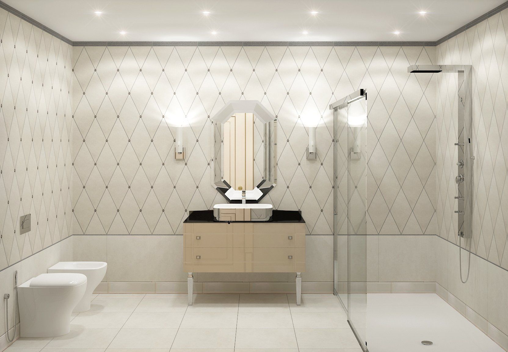 Un bagno con lavabo, wc, specchio e cabina doccia.