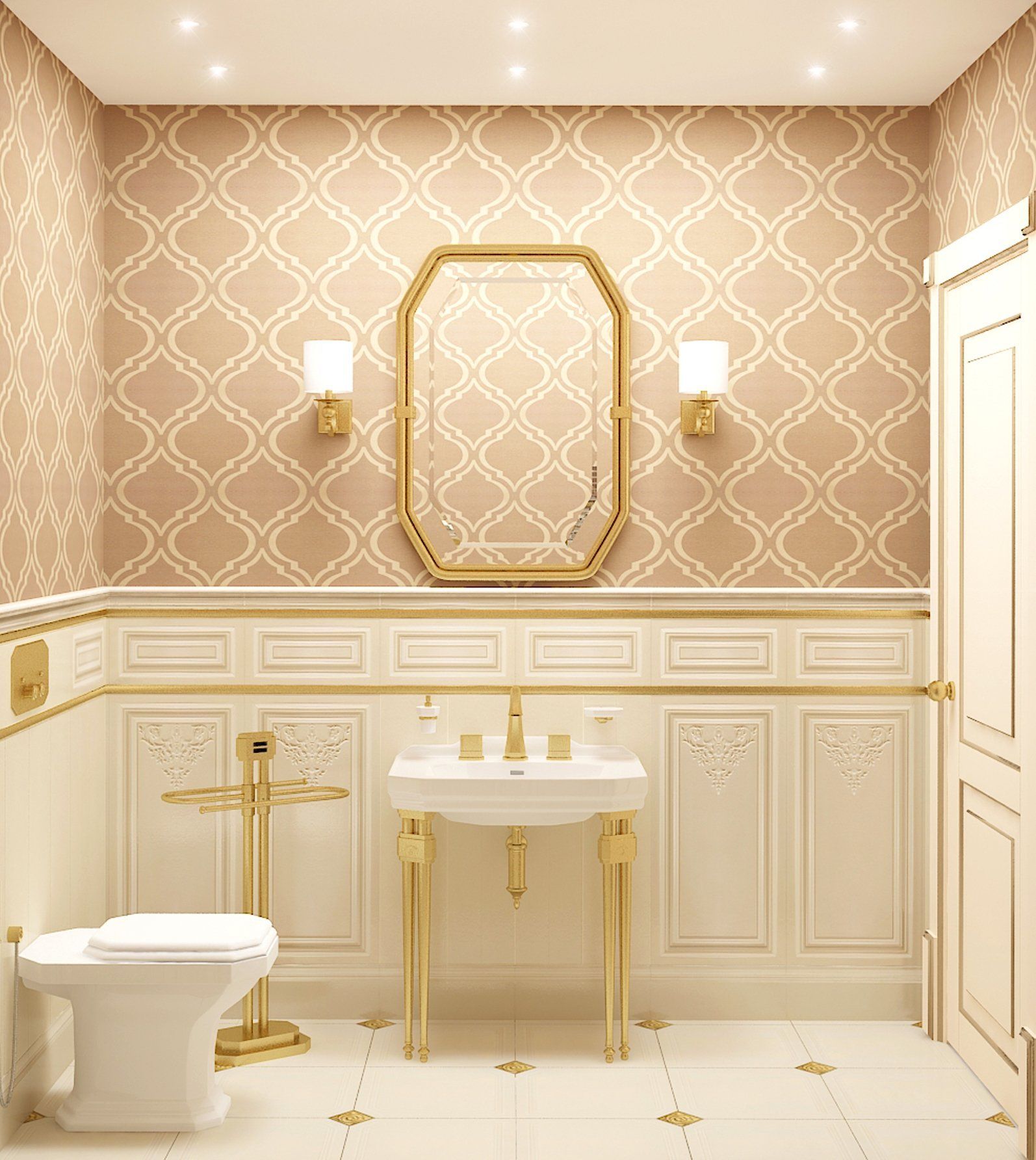 Un bagno con lavandino, wc e specchio.