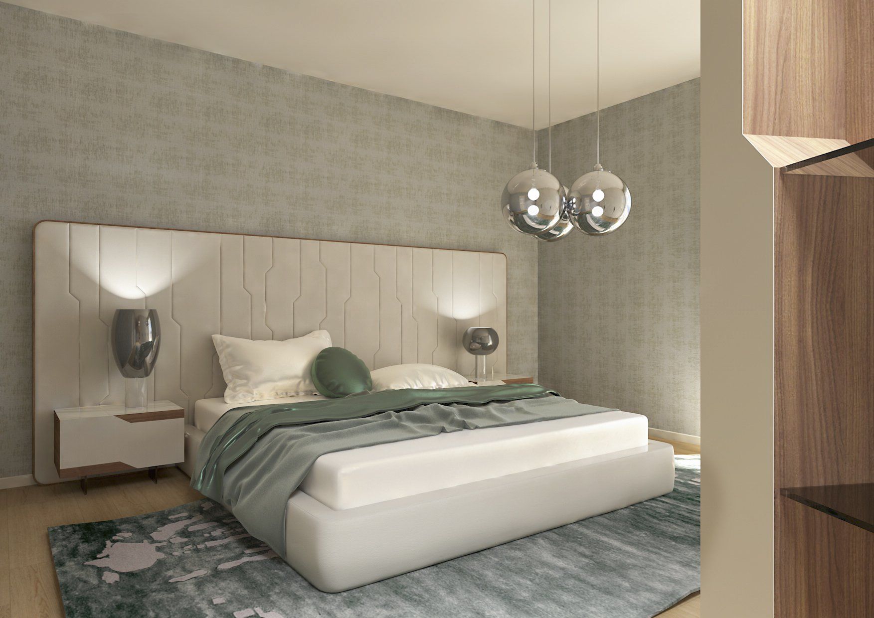 Una camera da letto con un letto matrimoniale, comodini, lampade e un tappeto.