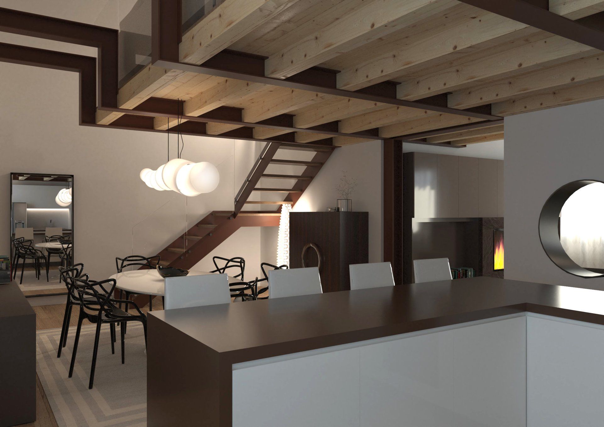 Una sala da pranzo con soffitto in legno e scale