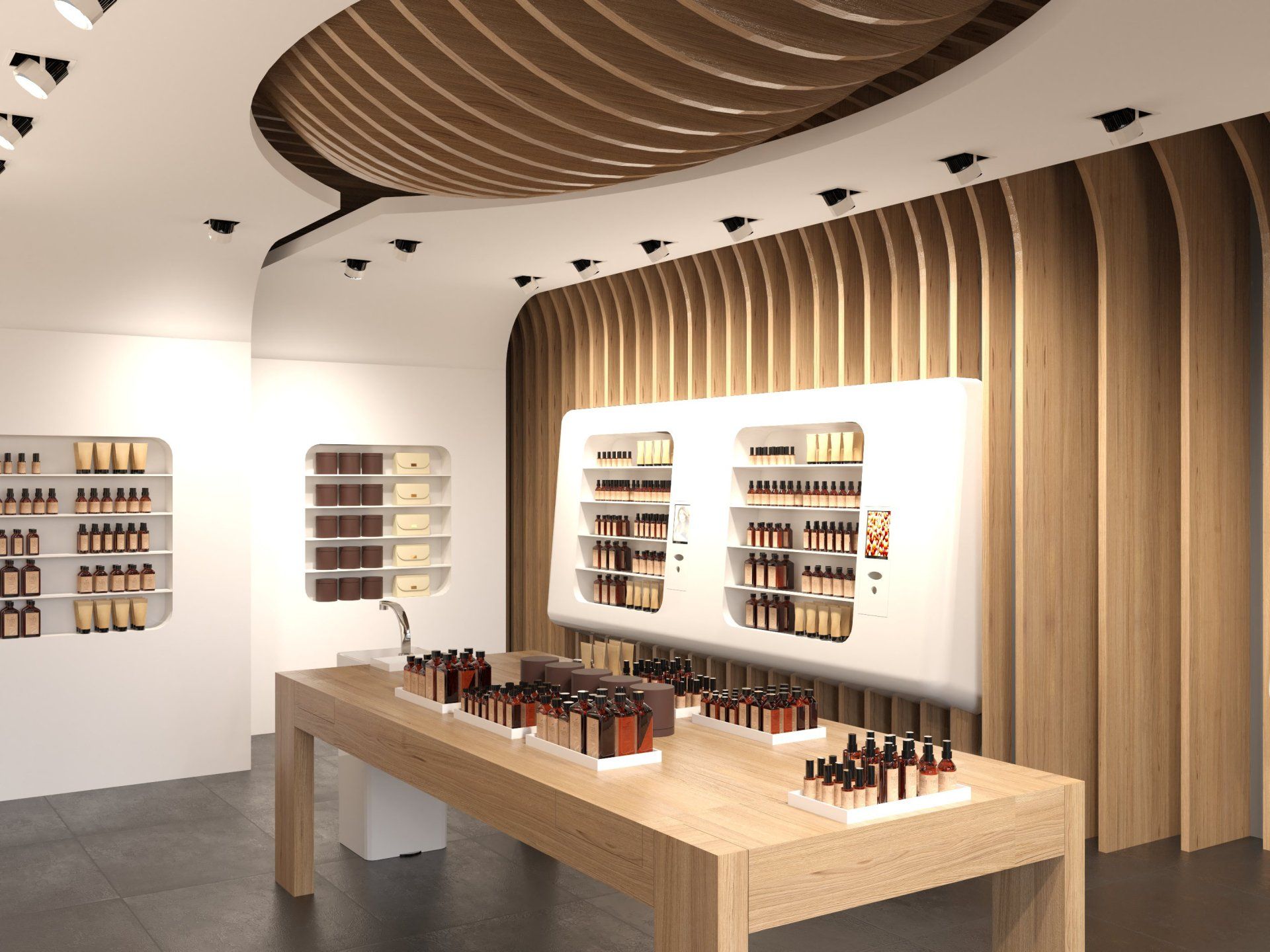 Un rendering di un negozio di cosmetici con tavolo e scaffali in legno
