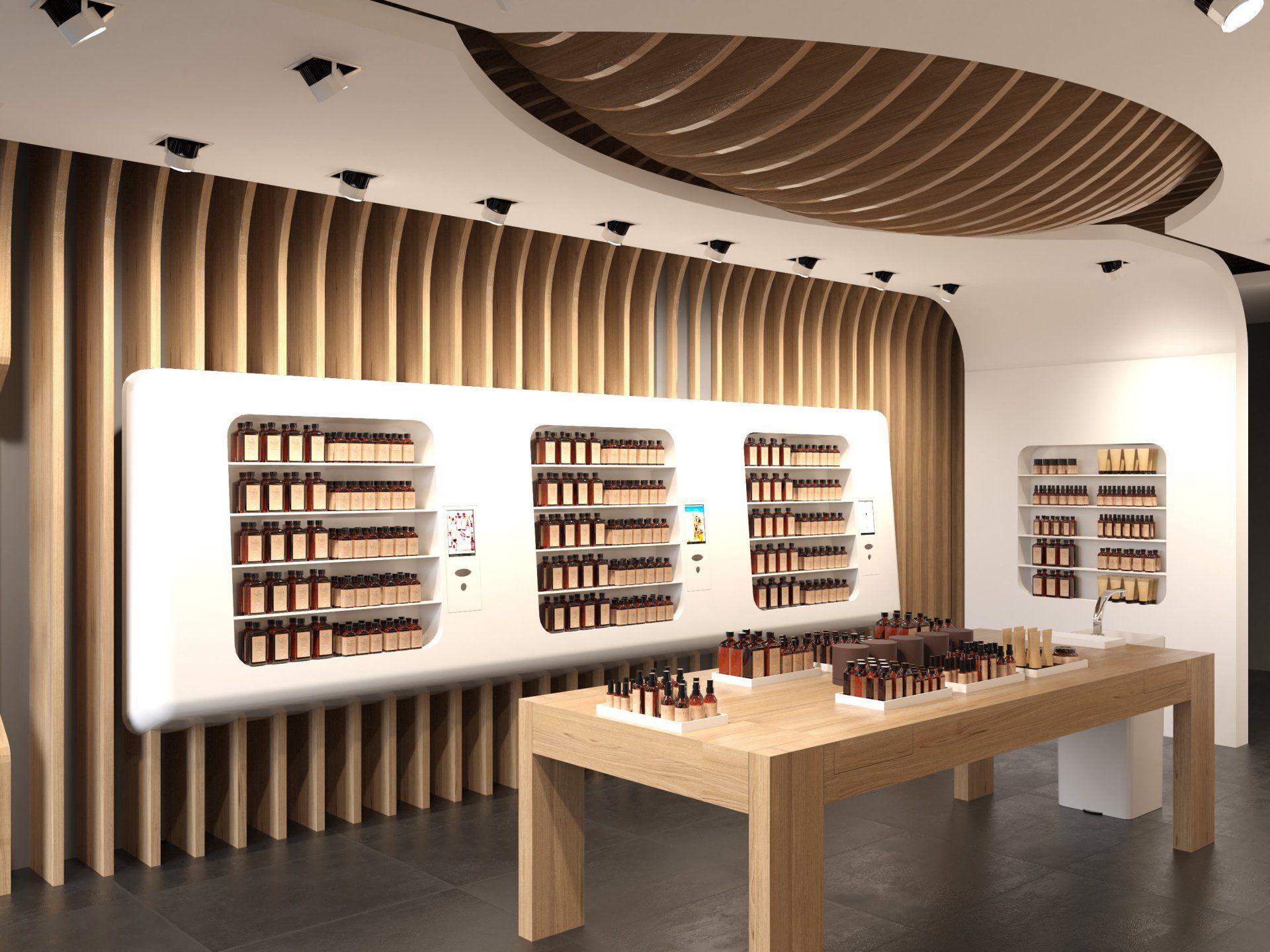 Un rendering di un negozio di cosmetici con tavolo e scaffali in legno.