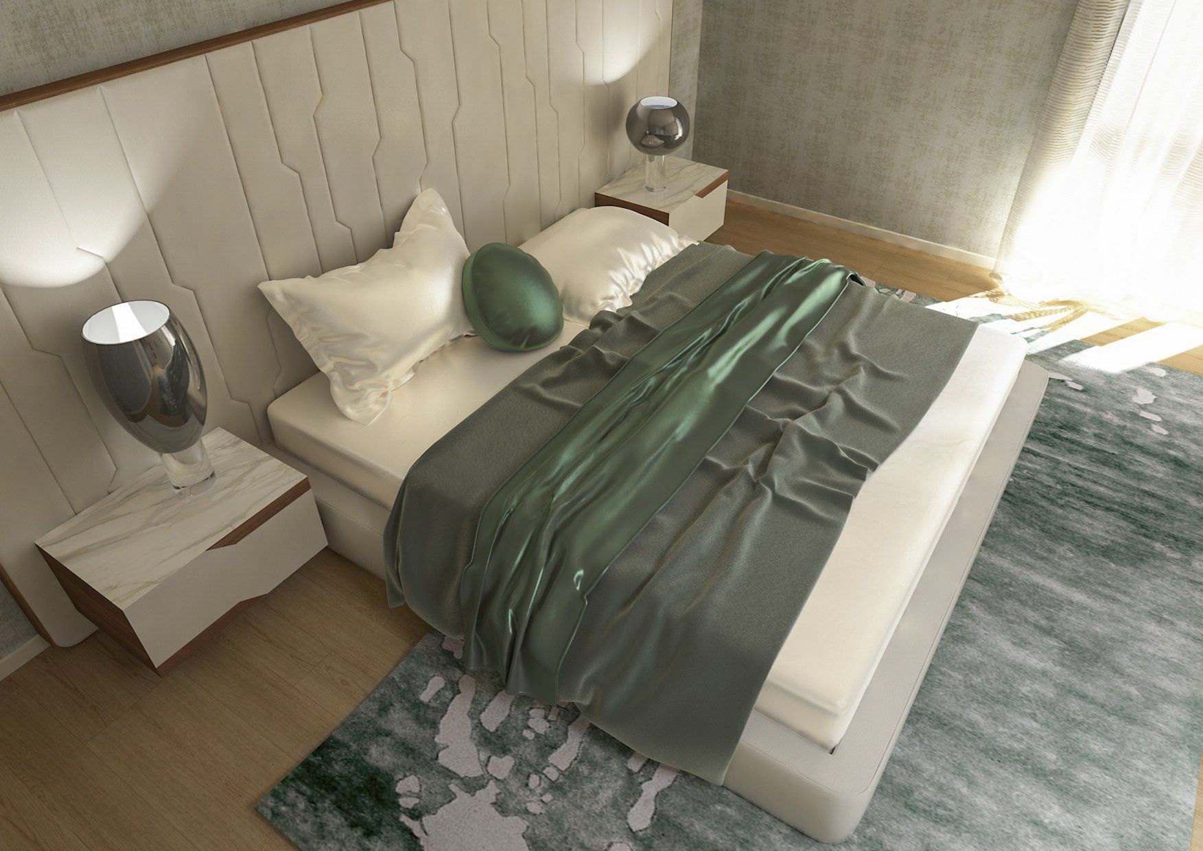Una camera da letto con un letto matrimoniale e due comodini