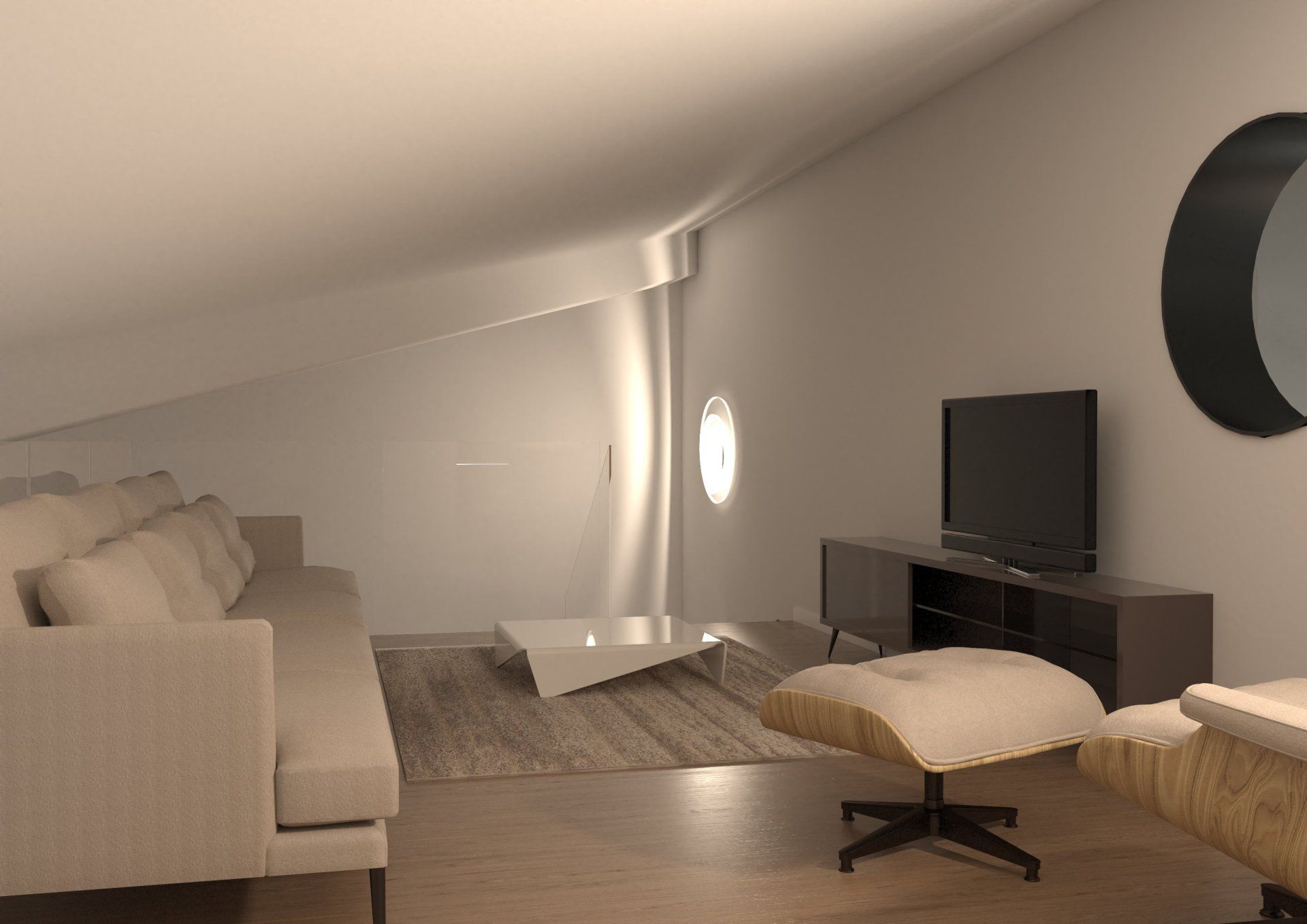 Un soggiorno con divano, pouf e televisione