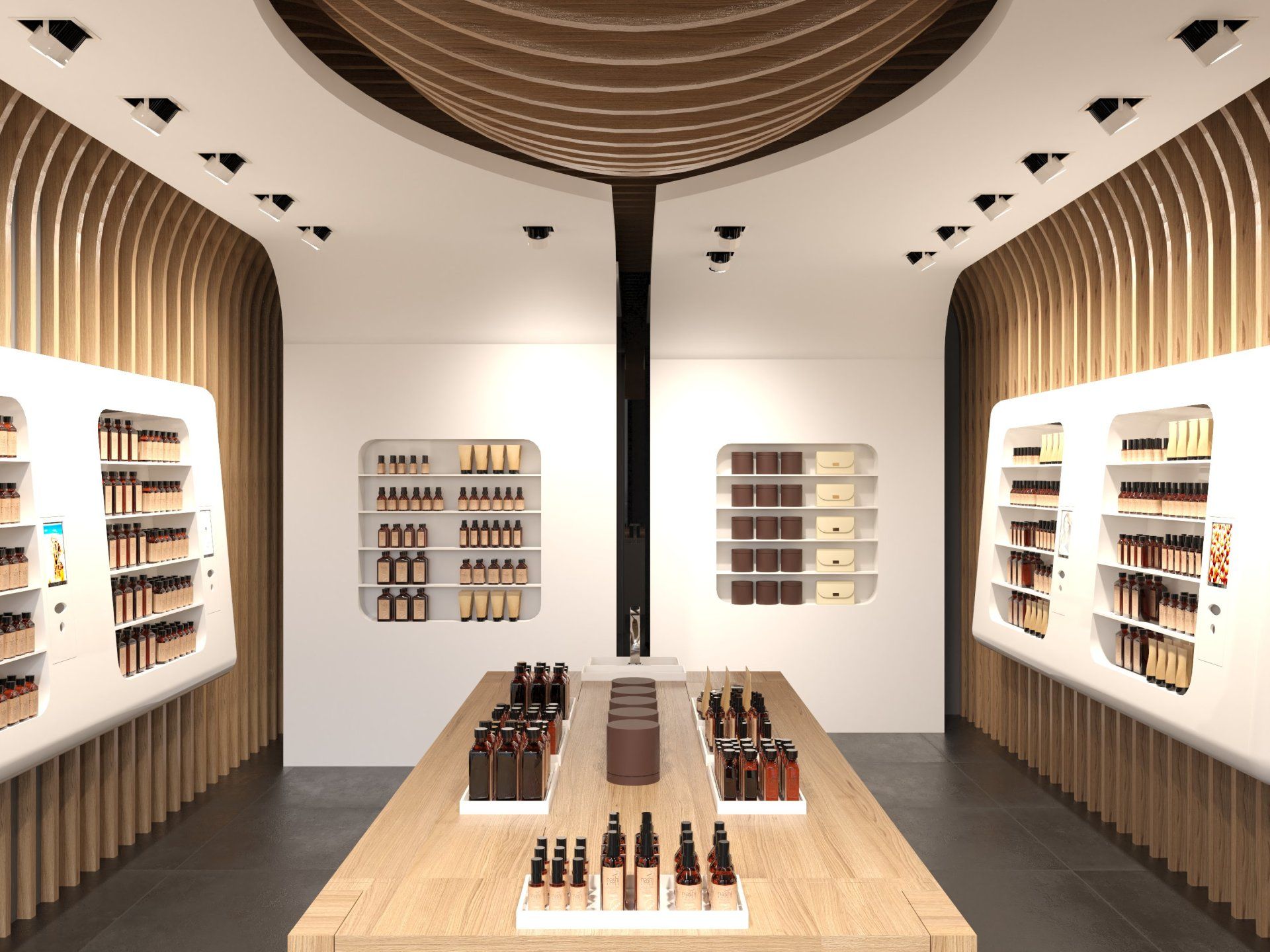 Una rappresentazione 3d di un negozio di cosmetici con un tavolo e scaffali in legno.