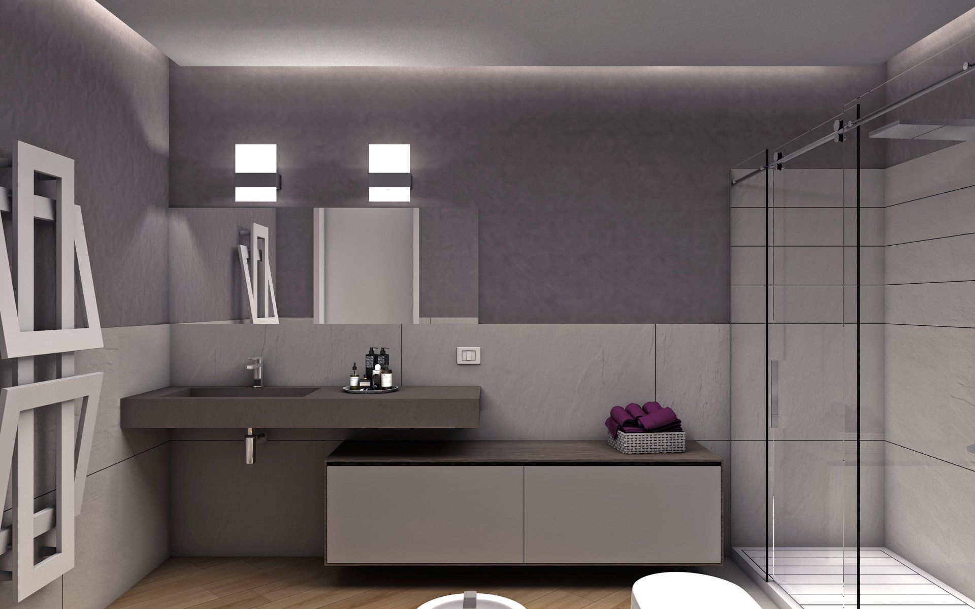 Un bagno con lavandino, wc e doccia