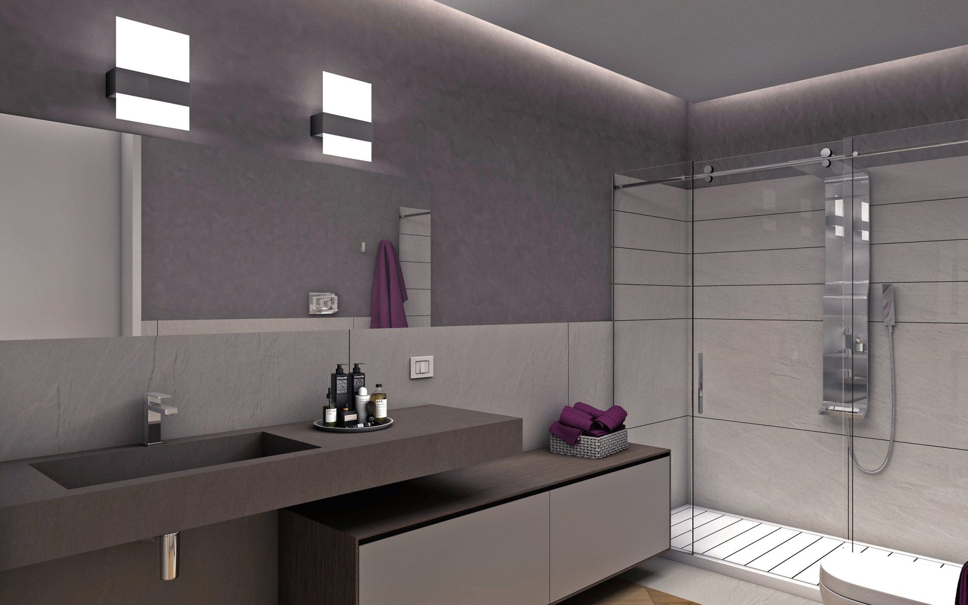 Un bagno con lavandino, specchio e doccia