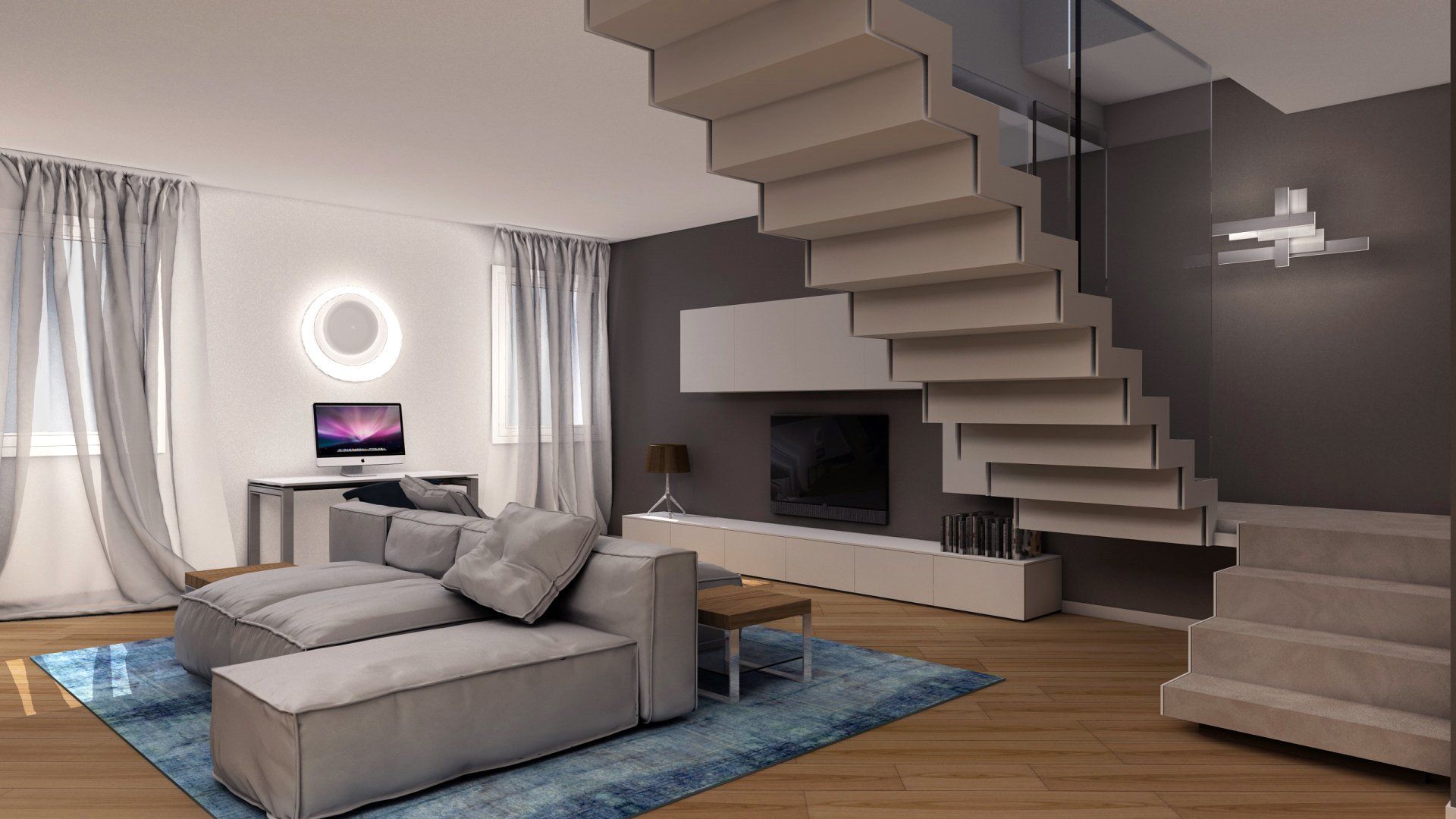 Un soggiorno con una scala e un divano