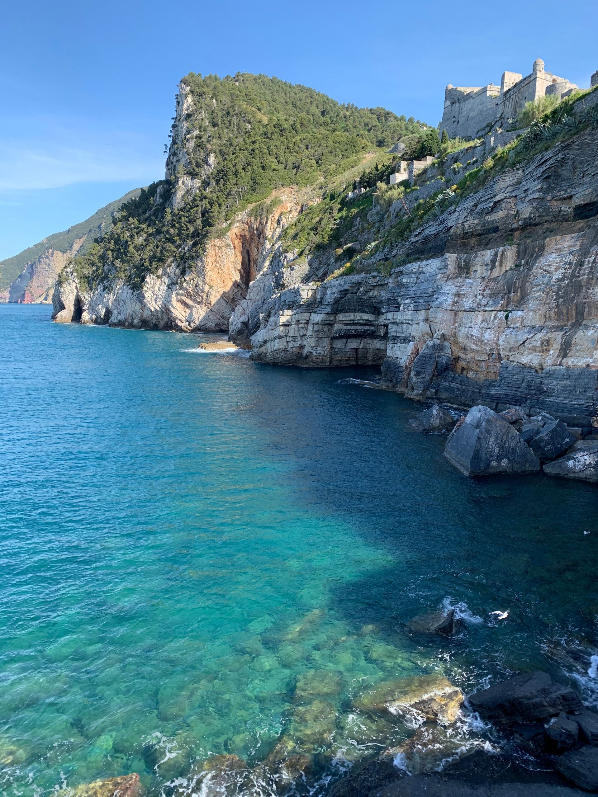 Mare azzurro contro una costa rocciosa, sormontata da fogliame verde e da una struttura in pietra sotto un cielo azzurro e terso.