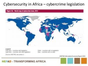 A map of the world with the title cybersecurity in africa