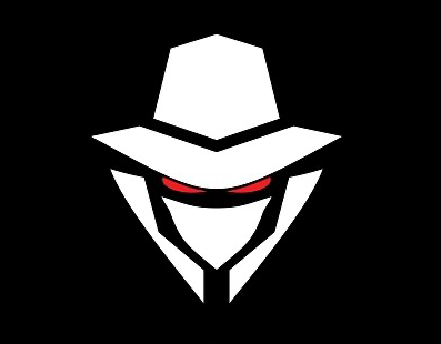 A white hat with red eyes on a black background.