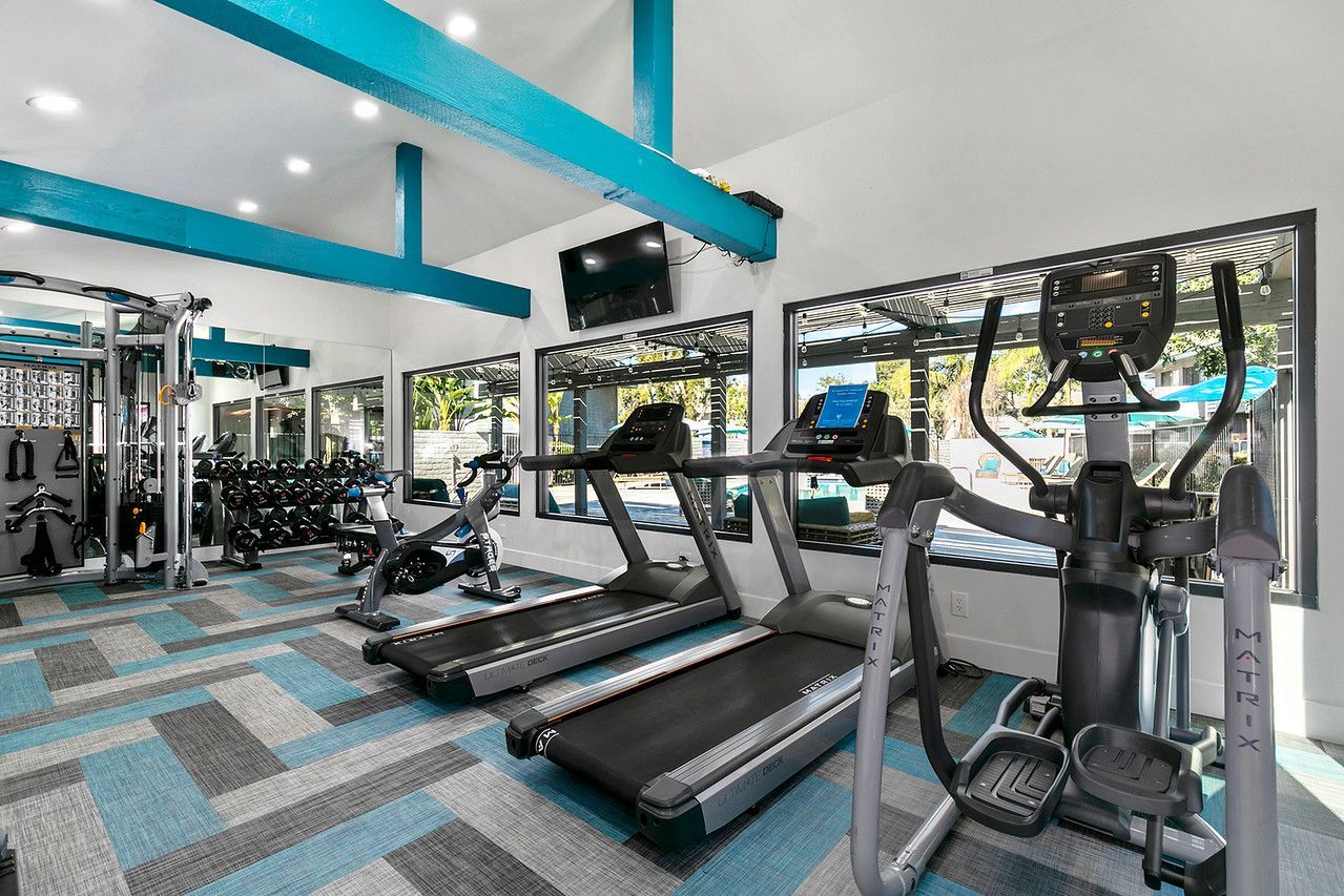 A gym with treadmills , ellipticals , and a large mirror.
