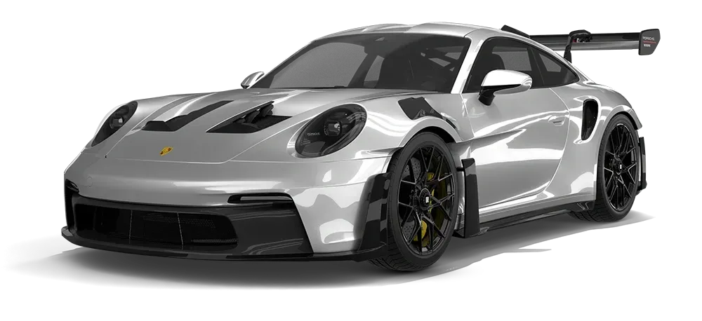 Gray Porsche 911 race car with black wheels and a large rear wing, shown in studio lighting