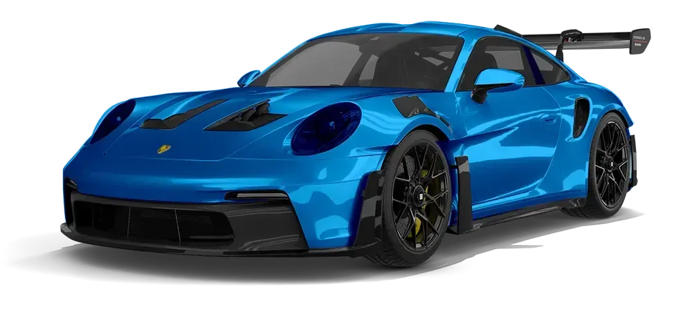 Blue sports car with black accents and rear wing, shown in a studio setting