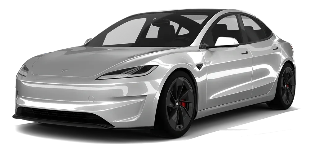 Silver Tesla sedan on a white background, front three-quarter view
