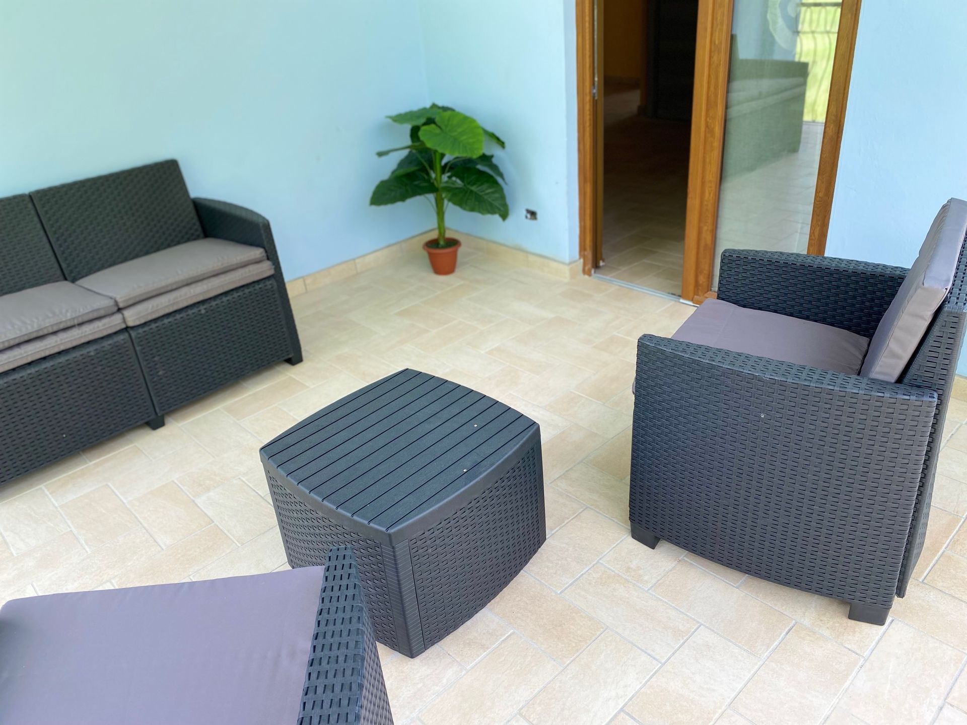 A patio with wicker furniture and a potted plant.