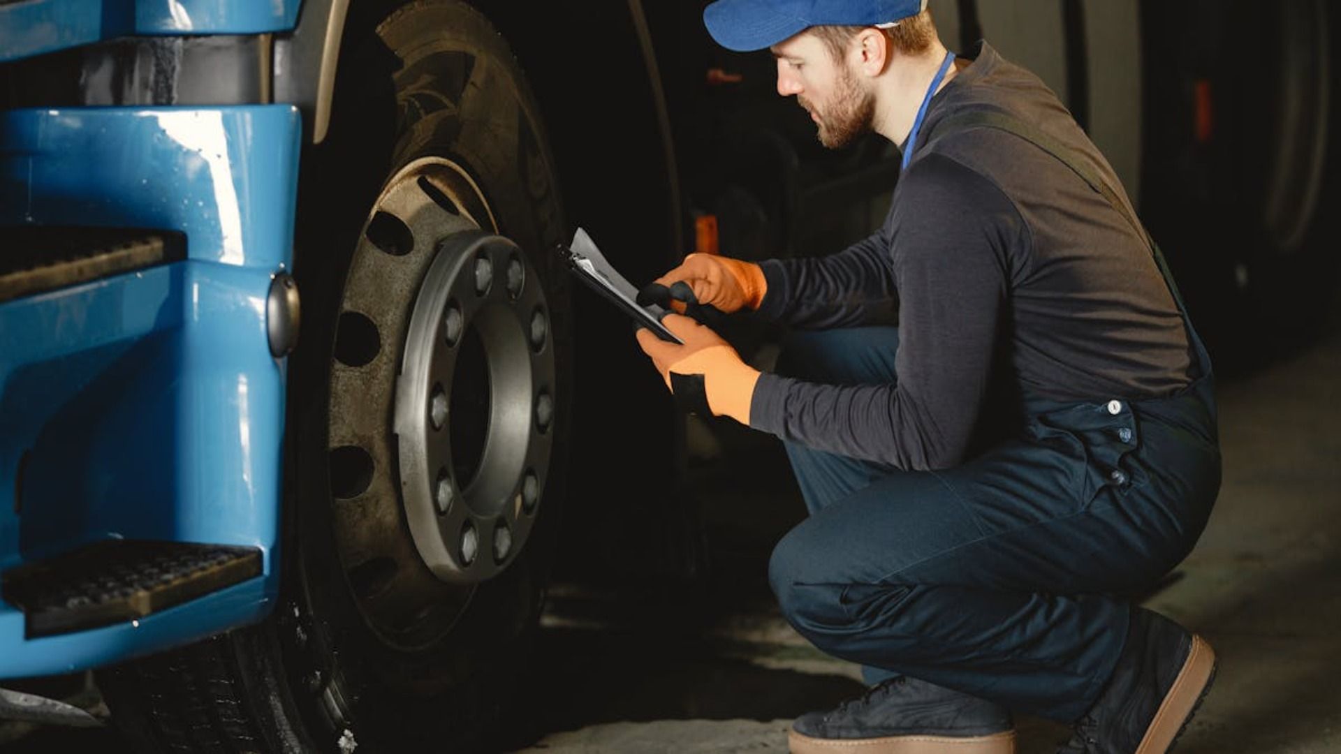 Mecánico inspeccionando neumático de camión, vistiendo gorra azul y overol, sosteniendo un portapapeles.