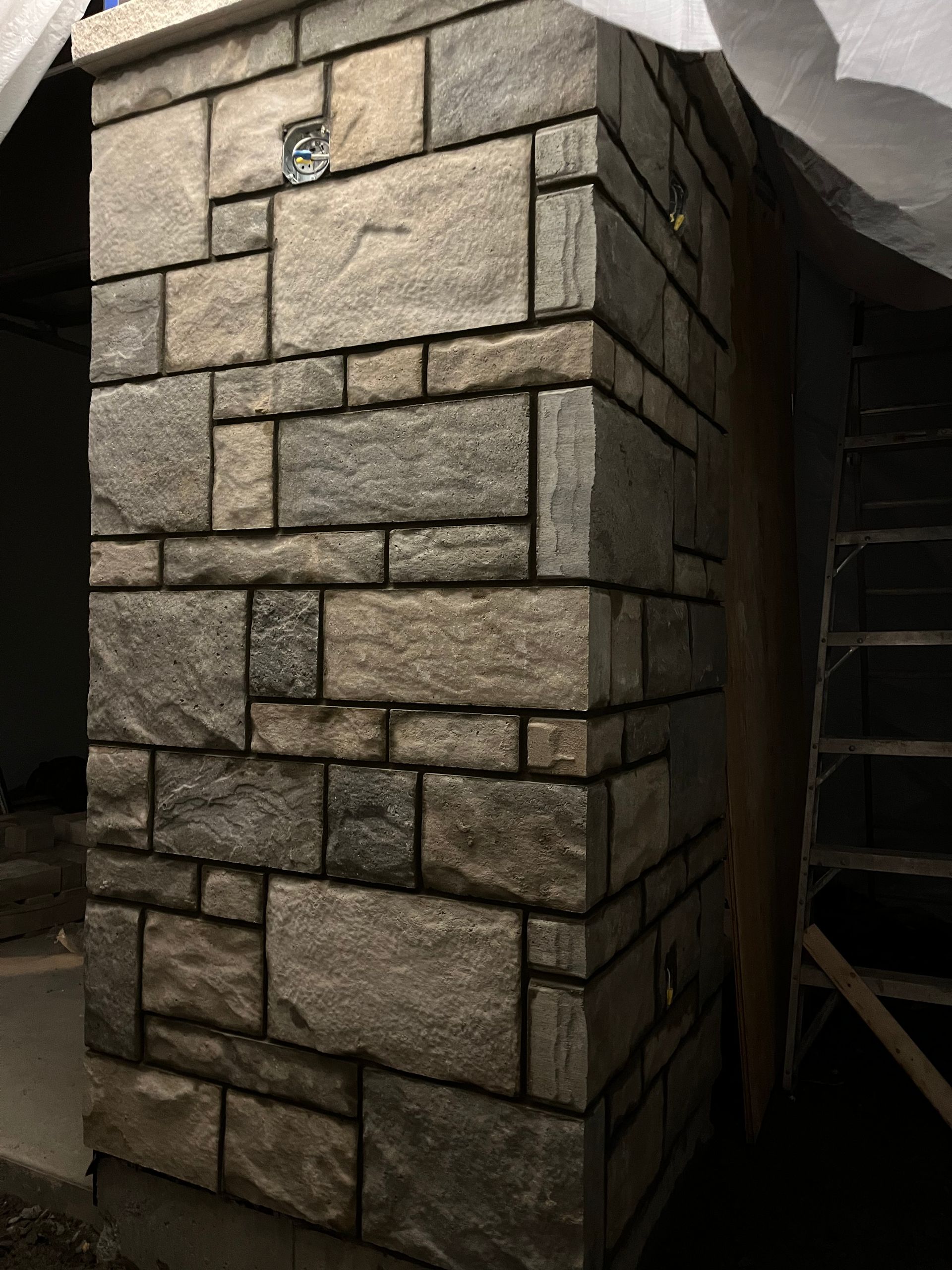 Un gros plan d'un mur de briques avec une échelle en arrière-plan.