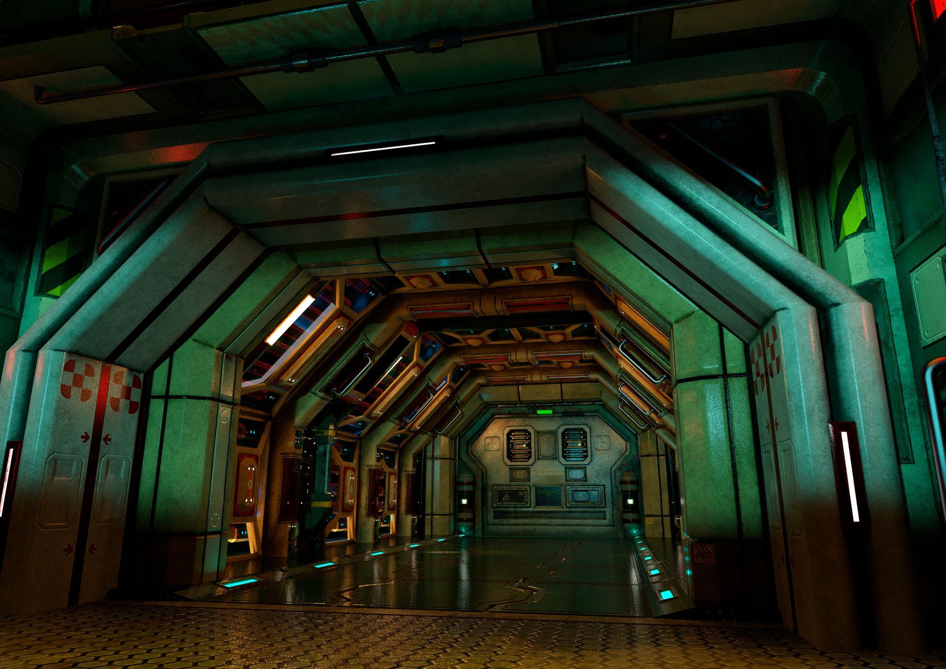 Escape room adventure center with a space-themed interior and dynamic green and orange lighting. 