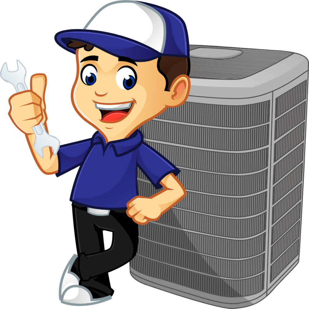 A cartoon man is holding a wrench and giving a thumbs up next to an air conditioner.