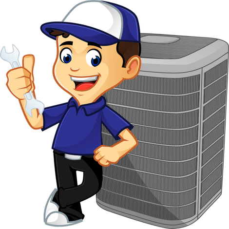 A cartoon man is holding a wrench and giving a thumbs up next to an air conditioner.