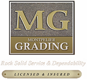 Montpelier Grading logo with gold &ldquo;MG,&rdquo; &ldquo;Rock Solid Service & Dependability,&rdquo; and &ldquo;Licensed & Insured&rdquo; badge