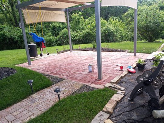Backyard patio with red brick pavers, a pergola with a shade, and lush green grass. A swing hangs from the pergola, with surrounding greenery and a bright sky.