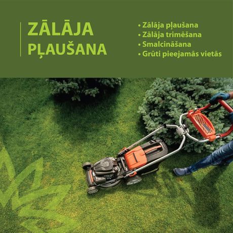 Zāles, mauriņa pļaušana ar mauriņa traktoriem, pašgājēj pļaujmašīnām un trimmeriem, zāles pļaušana