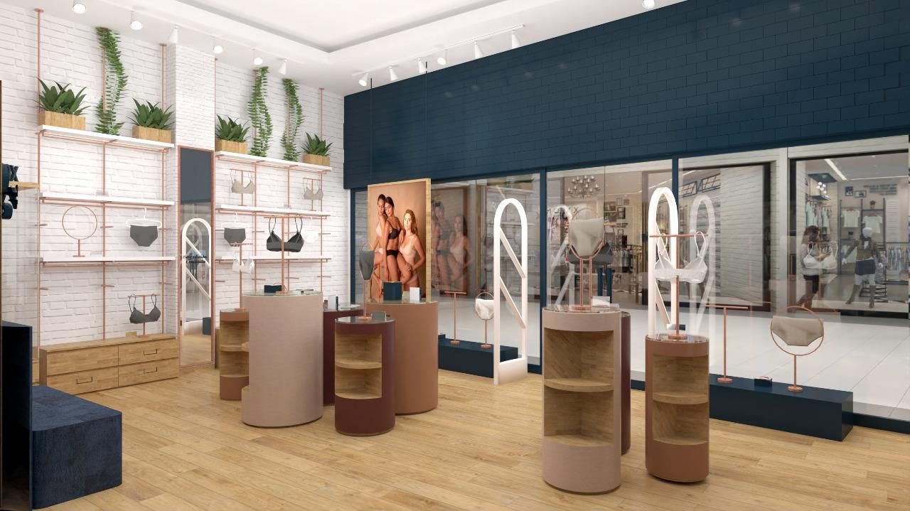 Una representación 3D de una tienda con muchos estantes y mesas.